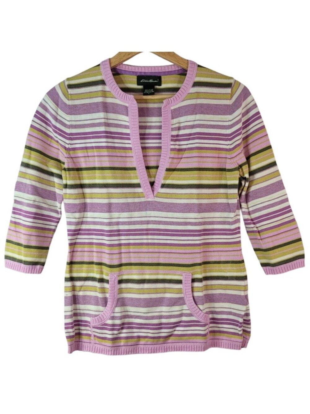 Eddie Bauer Womens Striped Sweater Purple Small V Neck 3/4 Sleeve Pocket Cotton